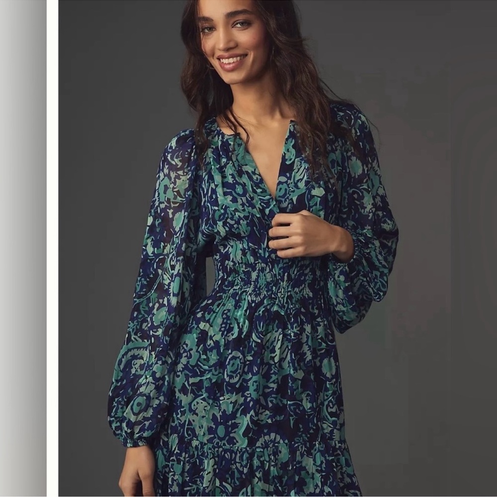 Anthropologie Long- Sleeve Somerset Mini Dress Blue floral navy